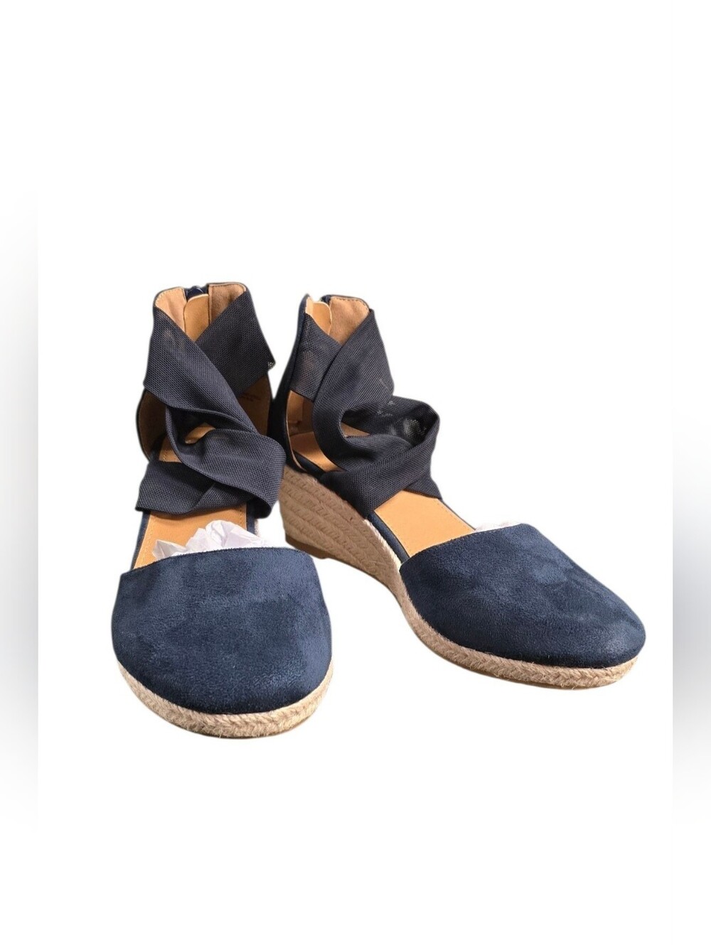 Comfortview Sabine Navy Espadrille Wedge Sandals with Wrap Ankle Straps - sz 9